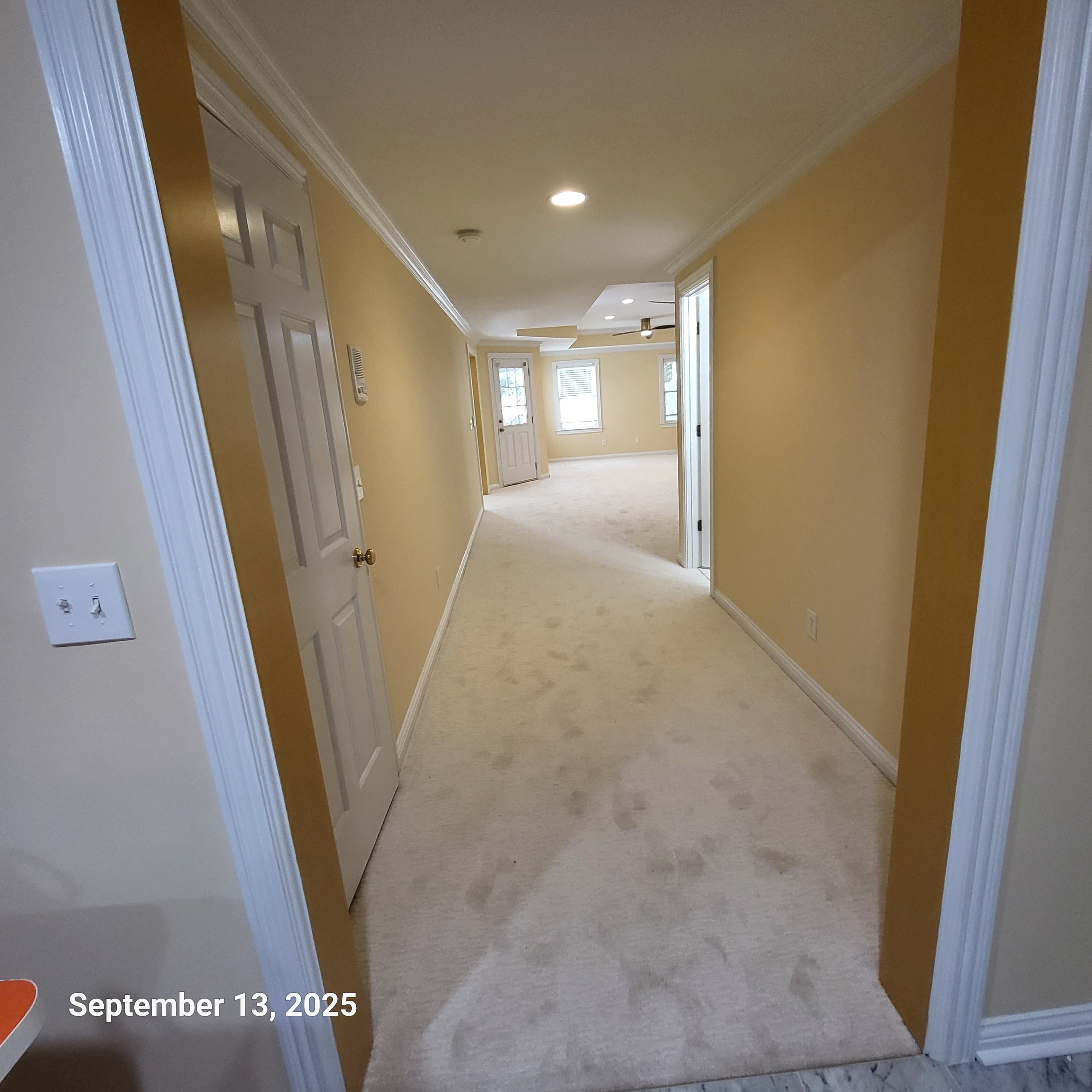 Dated yellow-gold walls and stained carpet — before Bridgepointe interior repaint
